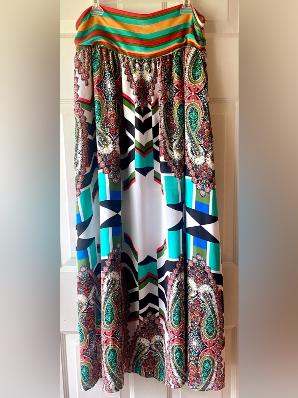 New York & Co Teal Turquoise Orange Paisley and Geometric Print Maxi Skirt Sz 14